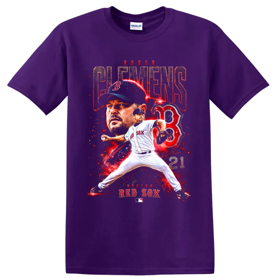 Roger Clemens Boston Red Sox pitcher collage with number 21 and red lightning on a Purple T Shirt