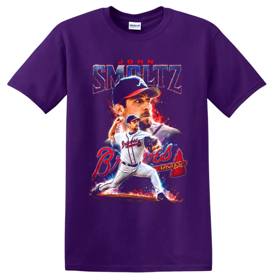 John Smoltz Atlanta Braves pitcher retro cosmic portrait and action graphic on a Purple T Shirt