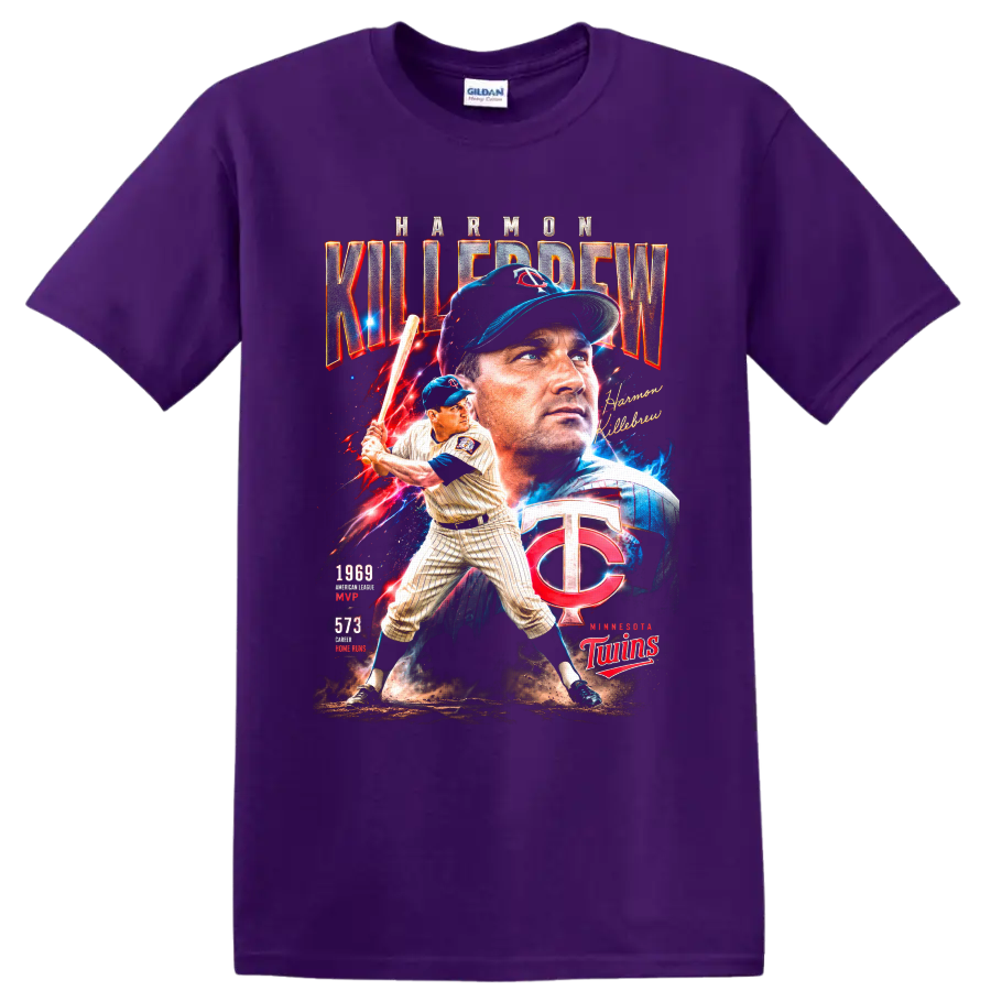 Harmon Killebrew Minnesota Twins vintage baseball collage with 1969 MVP and 573 home runs on a Purple T Shirt