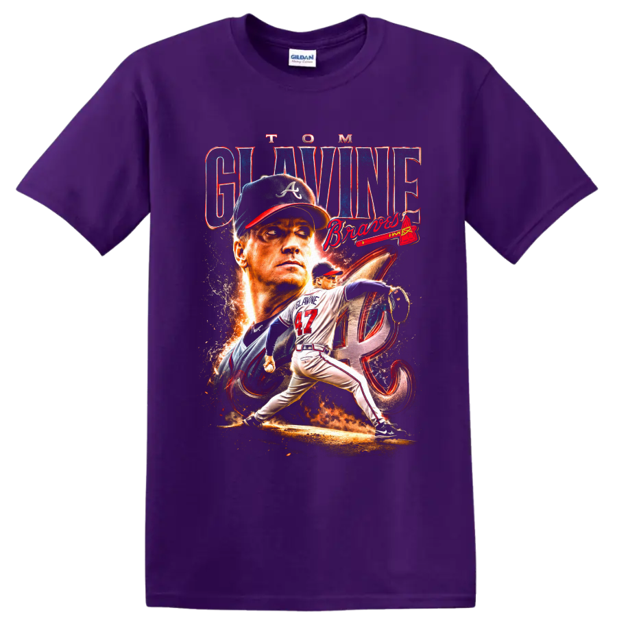 Tom Glavine Atlanta Braves pitcher portrait and number 47 action graphic on a Purple T Shirt
