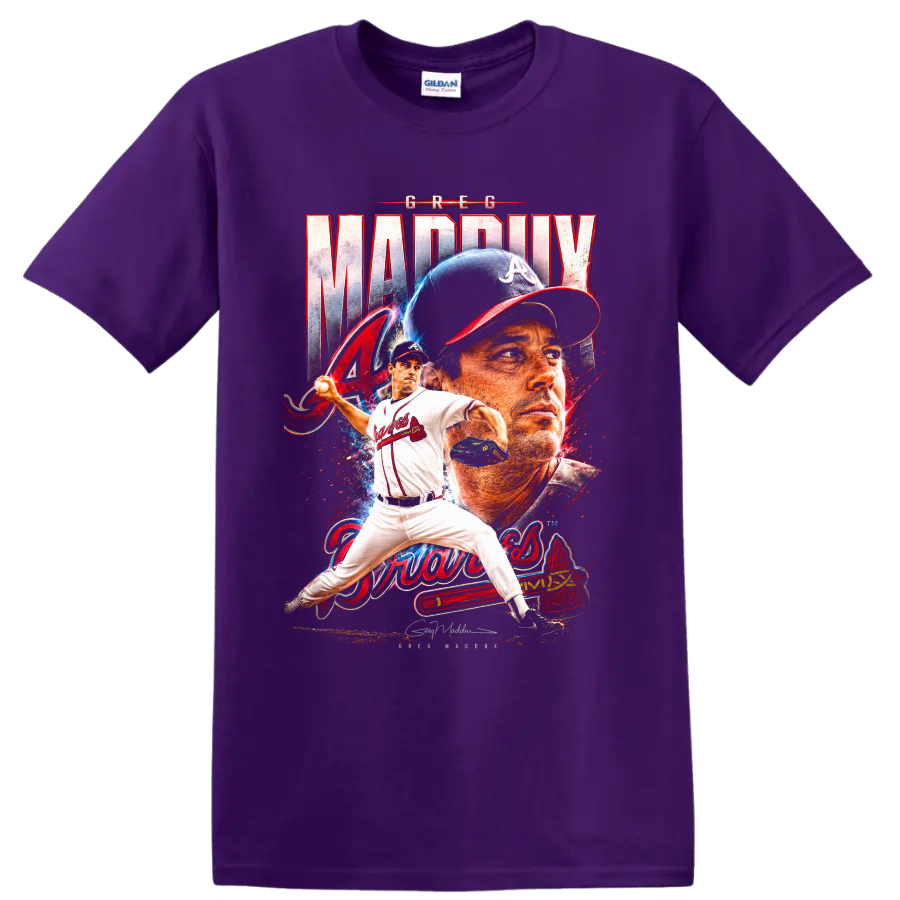 Greg Maddux Atlanta Braves pitcher portrait and pitching graphic with distressed lettering on a Purple T Shirt