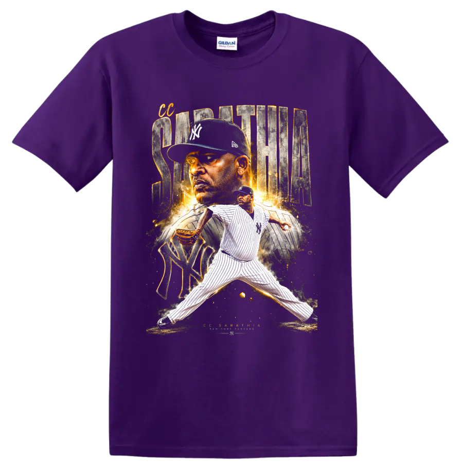 CC Sabathia New York Yankees pitcher graphic with portrait, pinstripes, and gold sparks on a Purple T Shirt