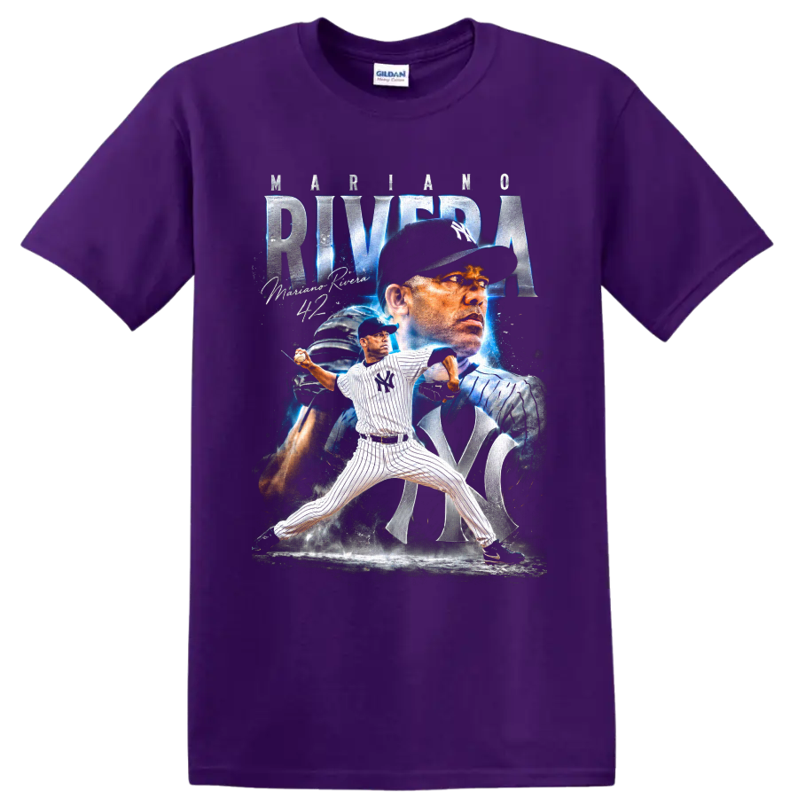 Mariano Rivera New York Yankees pitcher collage with No. 42 and electric blue accents on a Purple T Shirt