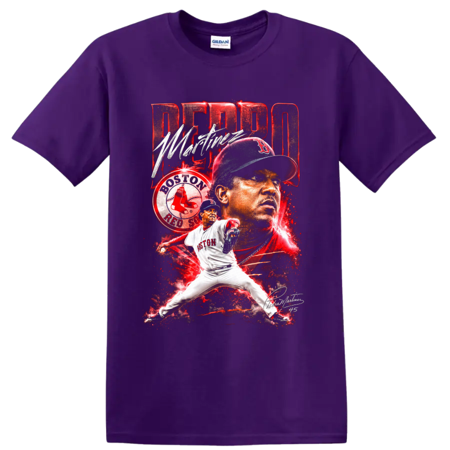 Pedro Martínez Boston Red Sox pitcher portrait and action baseball collage on a Purple T Shirt