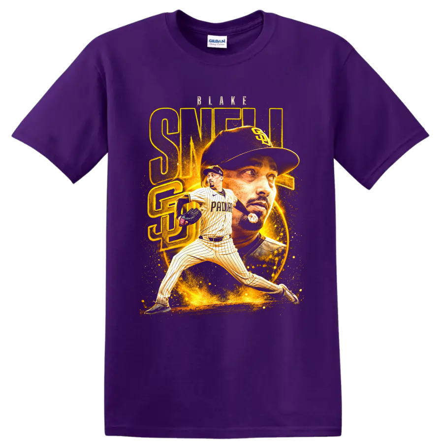 Blake Snell Padres pitcher portrait and action graphic with gold BLAKE SNELL text on a Purple T Shirt