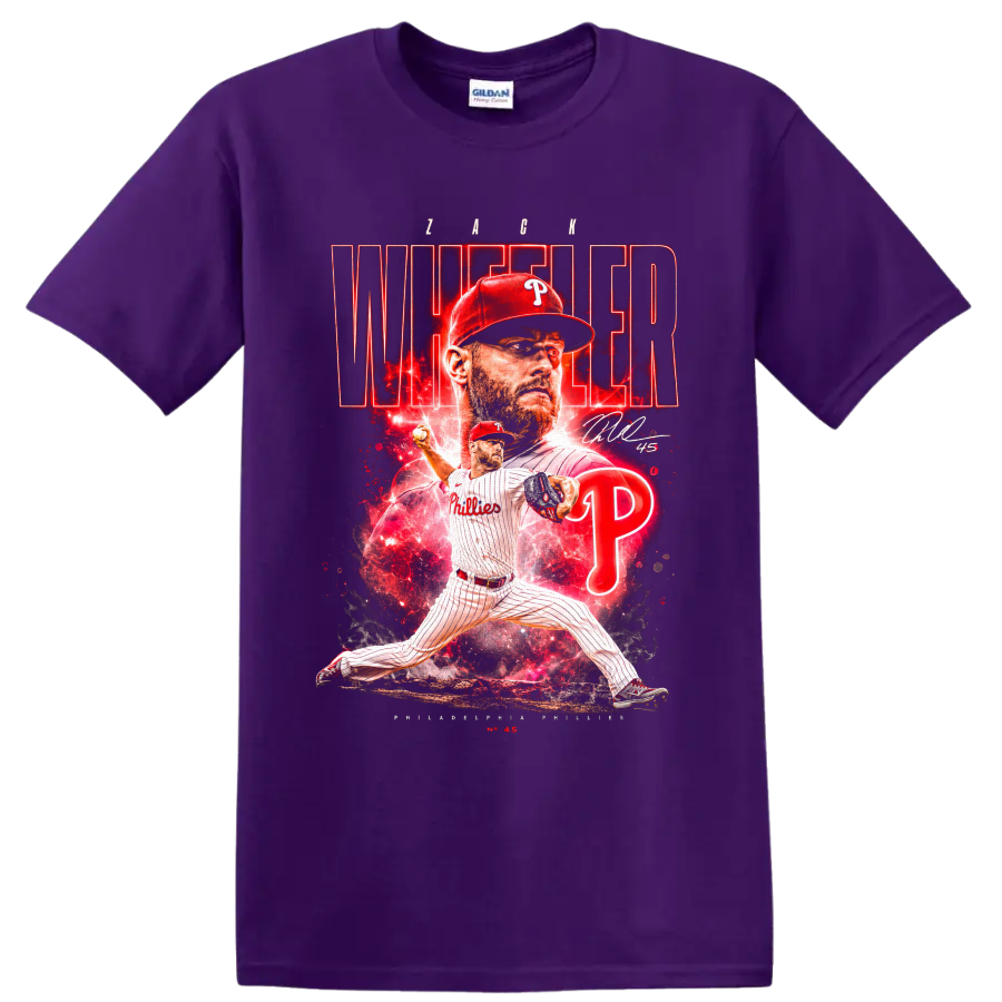 Zack Wheeler Phillies pitching collage with red neon Wheeler lettering and number 45 on a Purple T Shirt