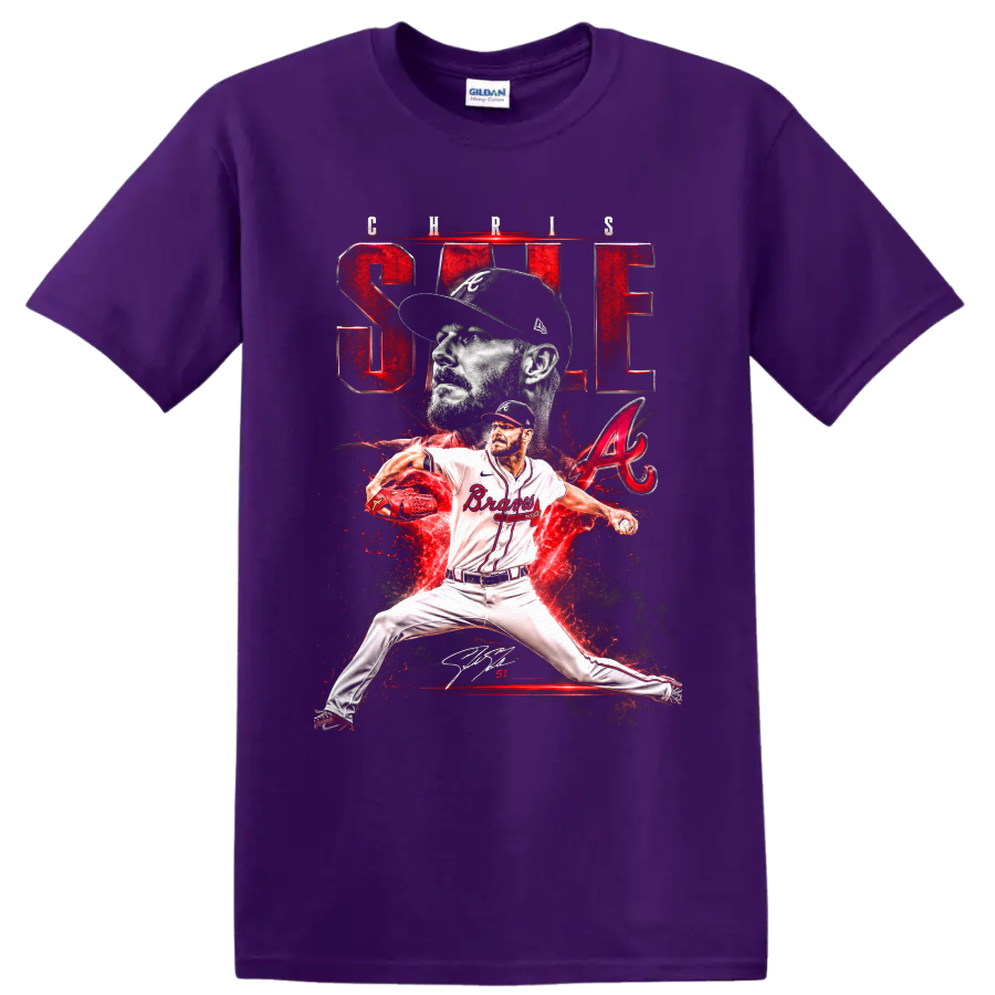Chris Sale Atlanta Braves pitcher graphic with portrait, pitching pose, and red lightning on a Purple T Shirt
