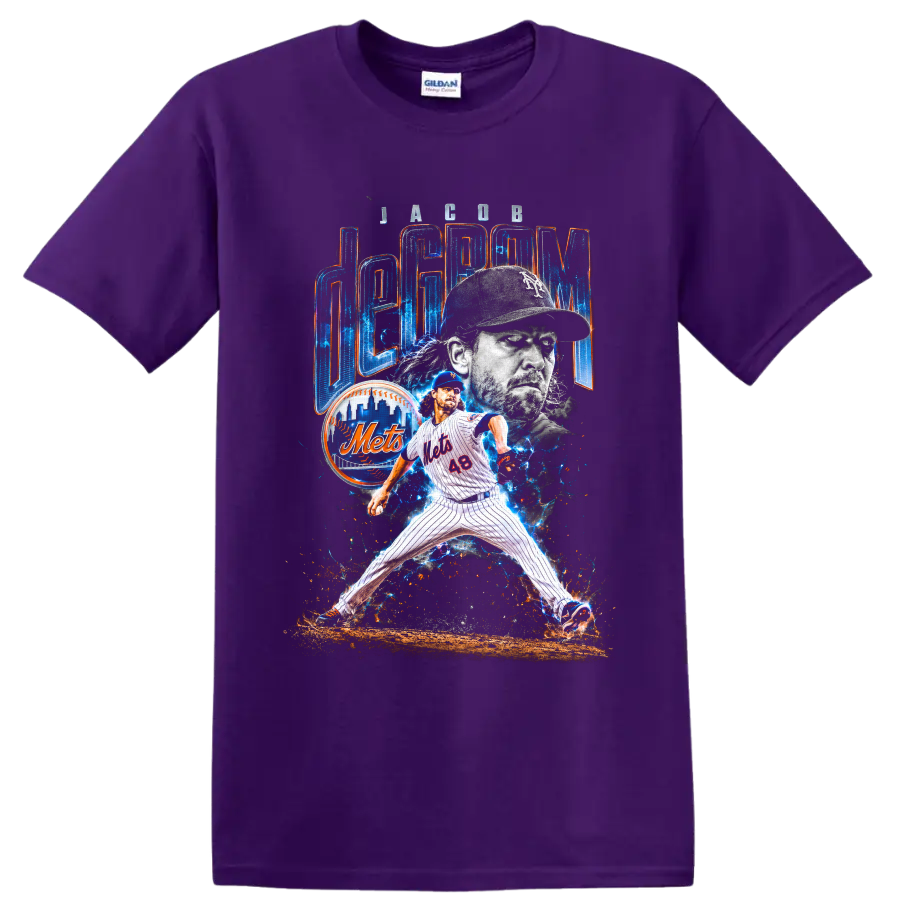 Jacob deGrom Mets pitcher collage with electric blue energy and deGrom lettering on a Purple T Shirt