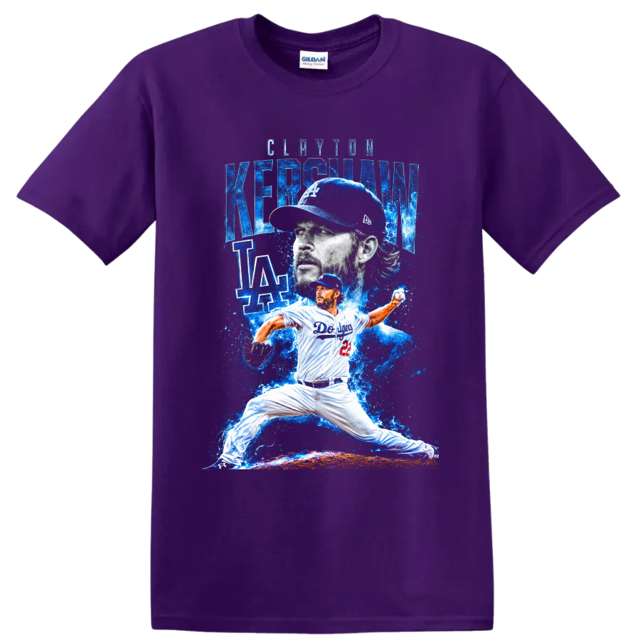 Clayton Kershaw Dodgers pitcher portrait and pitching action in electric blue art on a Purple T Shirt