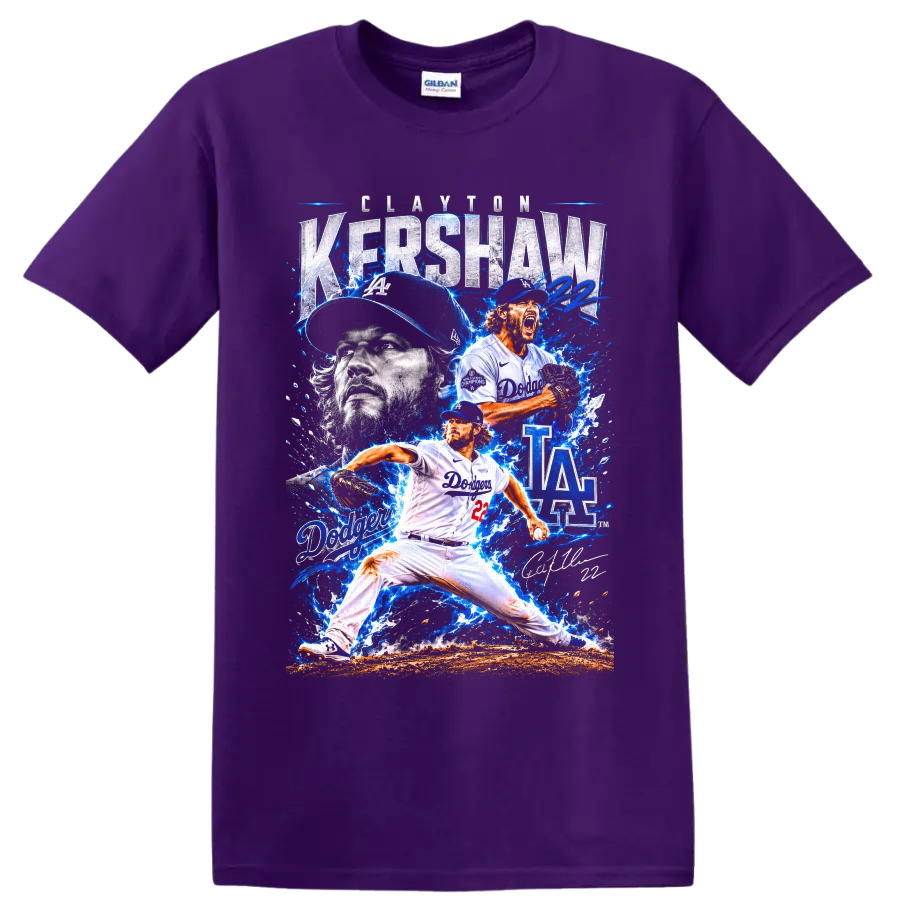 Clayton Kershaw Dodgers pitcher collage with LA graphics, number 22, and blue splashes on a Purple T Shirt
