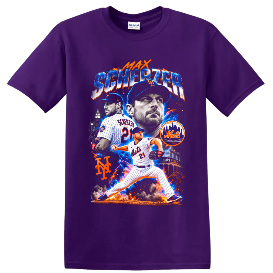 Max Scherzer New York Mets pitcher collage with Citi Field and electric baseball effects on a Purple T Shirt