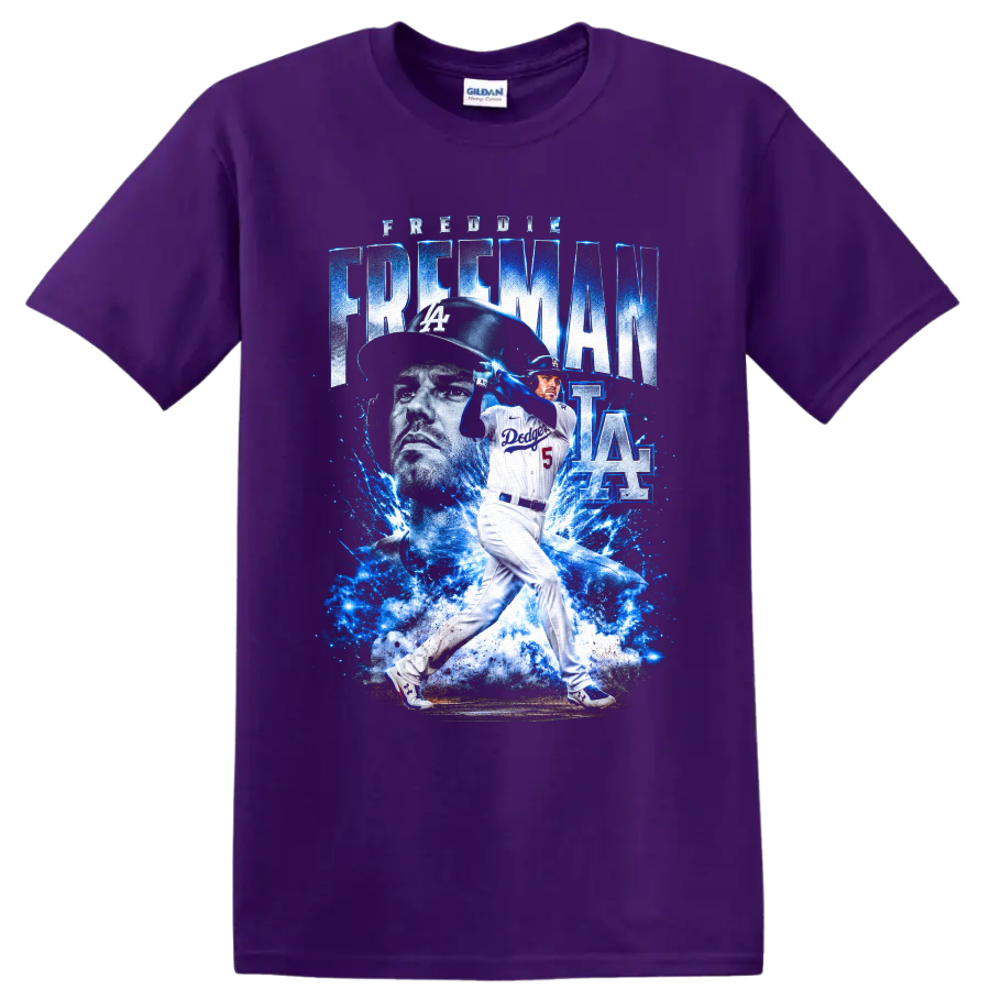 Freddie Freeman Dodgers batting graphic with blue lightning, portrait, and number 5 on a Purple T Shirt
