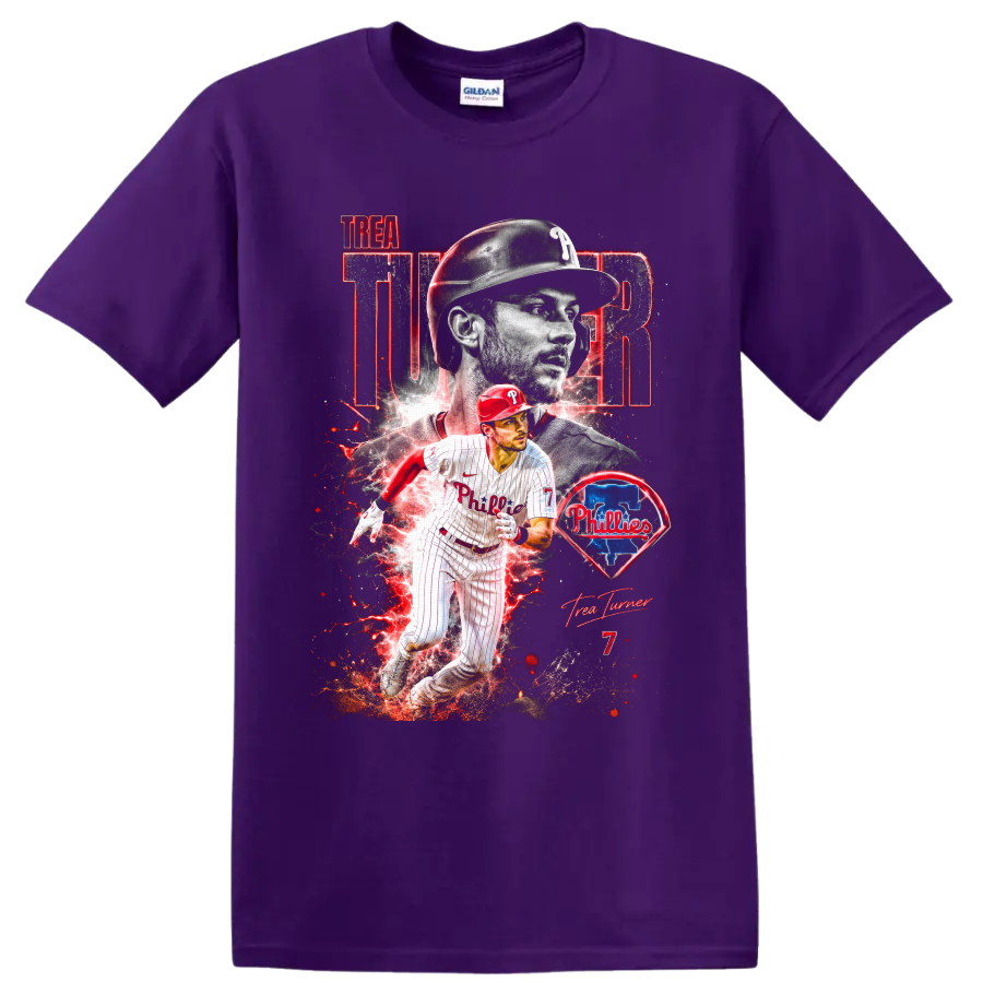 Trea Turner Phillies action collage with red energy effects, team emblem, and number 7 on a Purple T Shirt