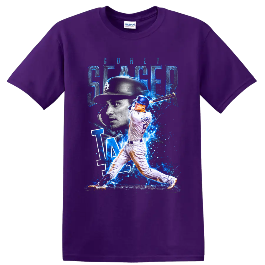 Corey Seager Los Angeles Dodgers batting collage with LA monogram and electric blue on a Purple T Shirt