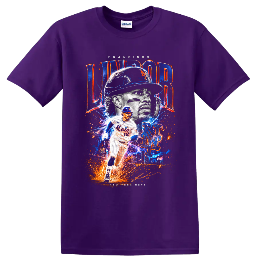 High-energy Francisco Lindor New York Mets portrait and action graphic with number 12 on a Purple T Shirt