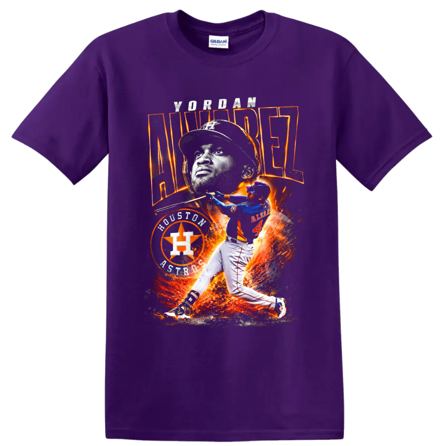 Yordan Alvarez Houston Astros fiery baseball portrait and batting graphic on a Purple T Shirt