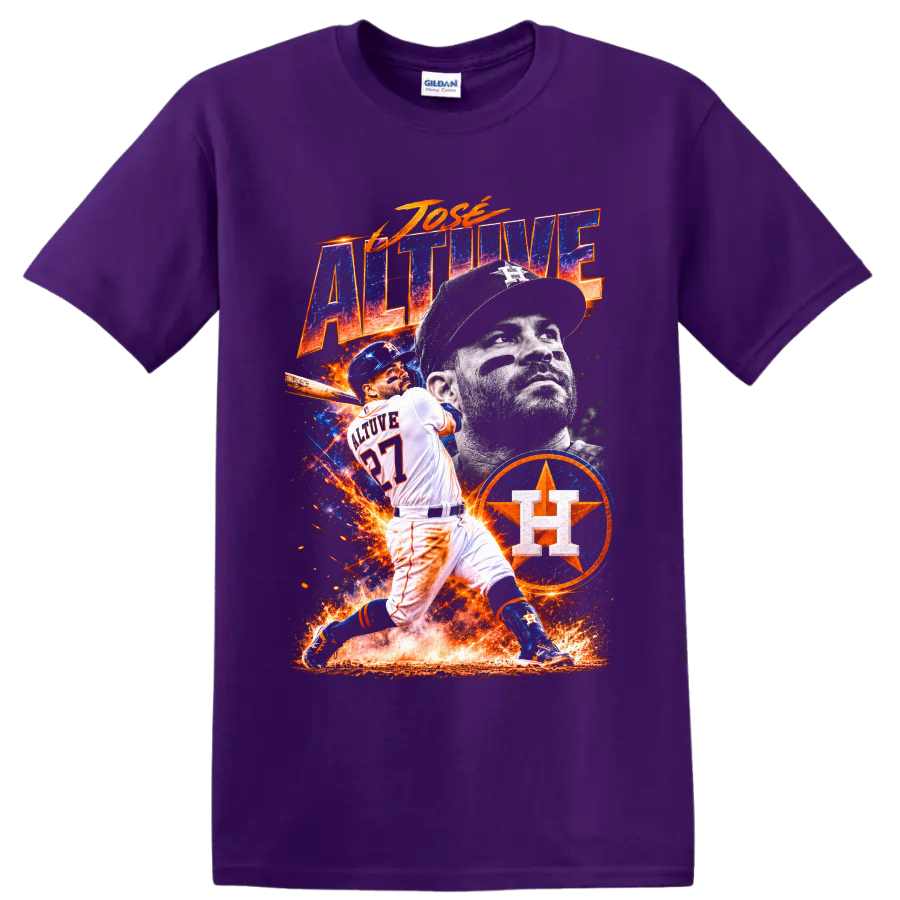 Jose Altuve Houston Astros fiery blue and orange baseball action collage on a Purple T Shirt