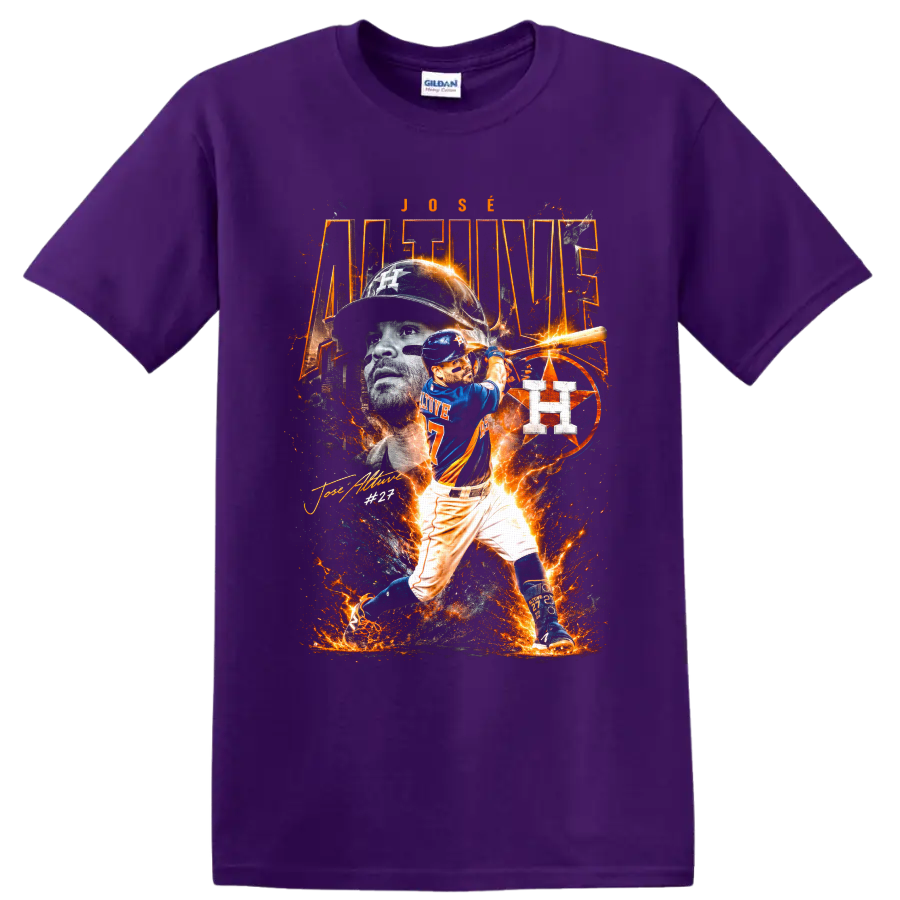 Jose Altuve Houston Astros No. 27 fiery baseball batting collage on a Purple T Shirt