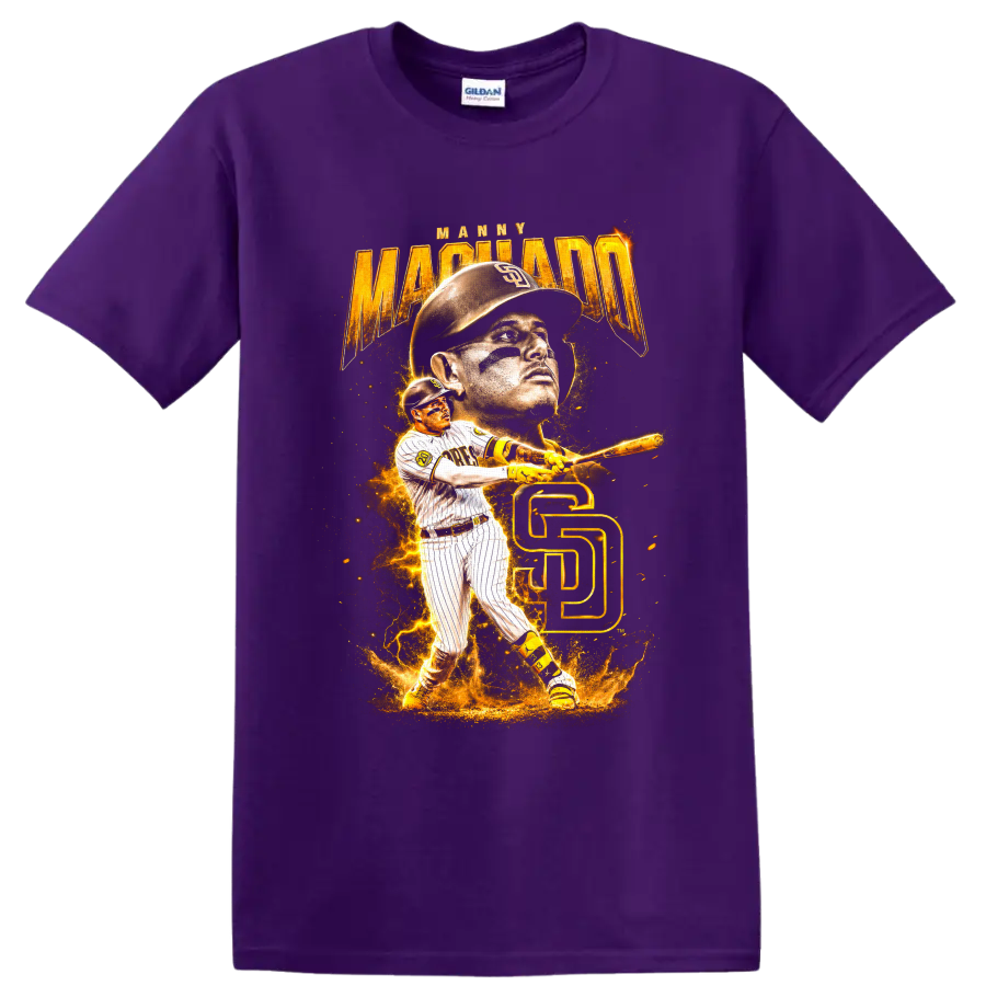 Manny Machado Padres portrait and batting graphic with gold SD monogram on a Purple T Shirt
