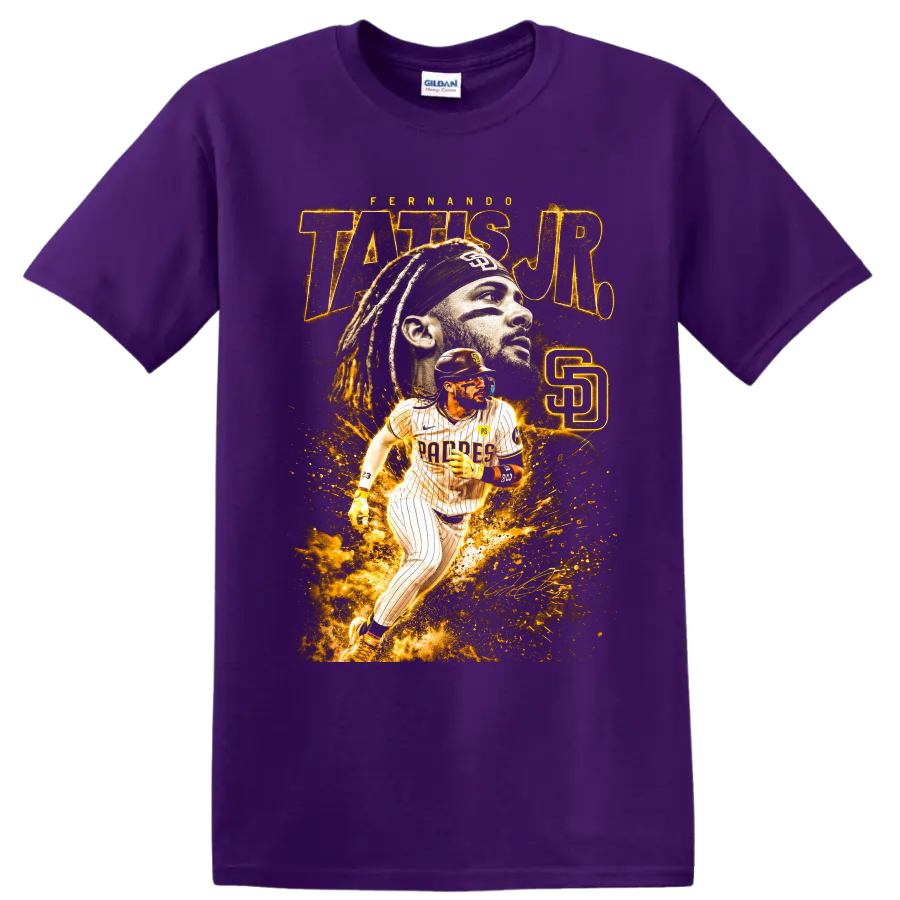 Fernando Tatis Jr. San Diego Padres portrait and action baseball graphic on a Purple T Shirt