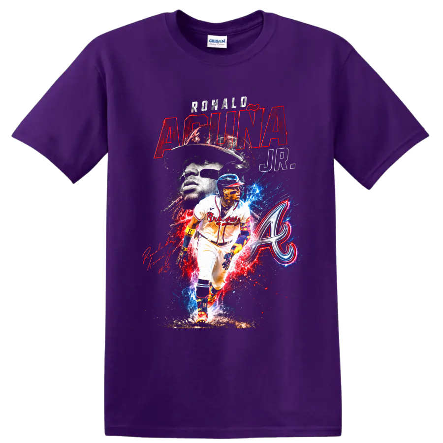 Ronald Acuña Jr. Atlanta Braves action and portrait collage with Braves A emblem on a Purple T Shirt