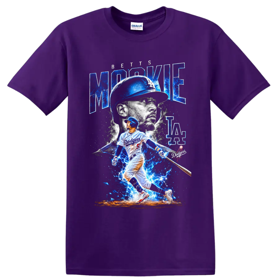Mookie Betts Dodgers batting graphic with blue lightning, portrait, and LA lettering on a Purple T Shirt