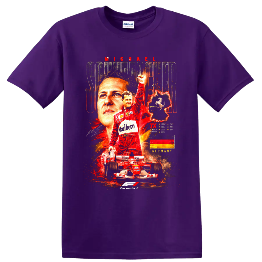 Michael Schumacher Ferrari Formula 1 championship collage with race car and German flag on a Purple T Shirt