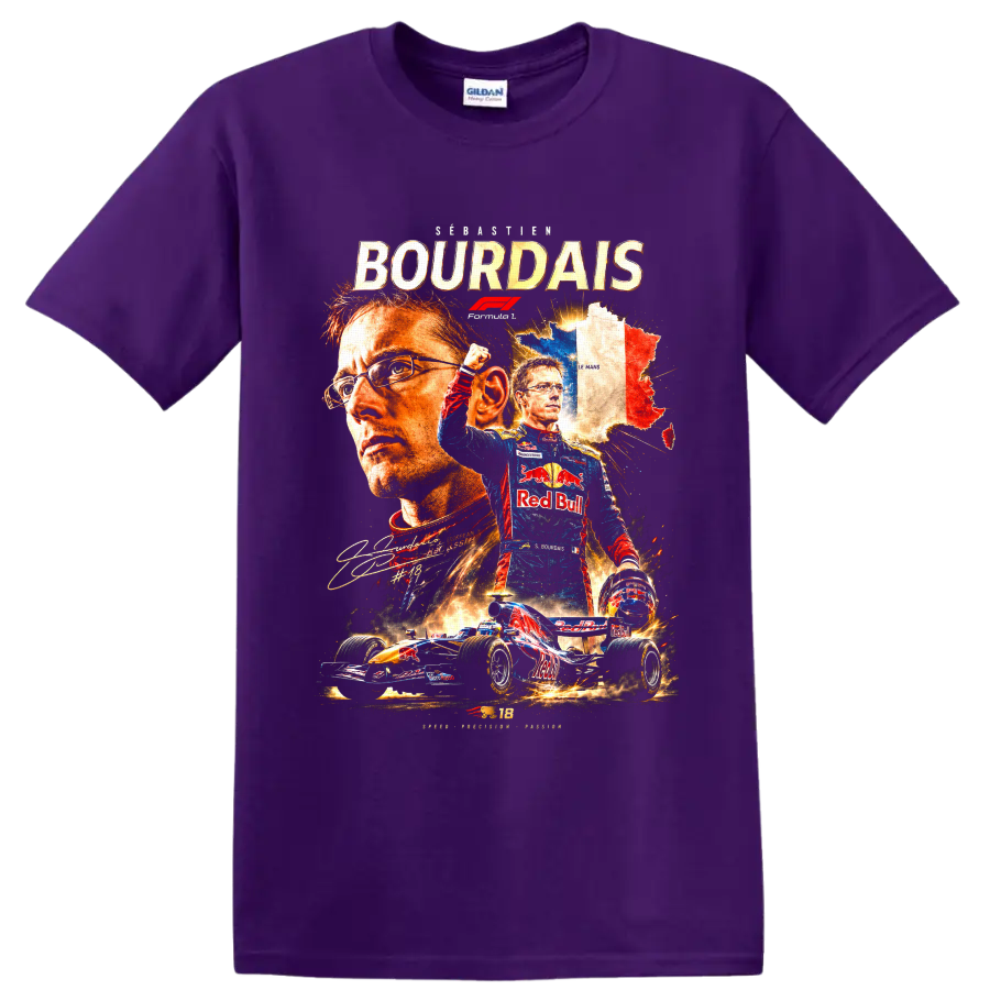 Sébastien Bourdais Toro Rosso Formula 1 collage with French map and race car on a Purple T Shirt
