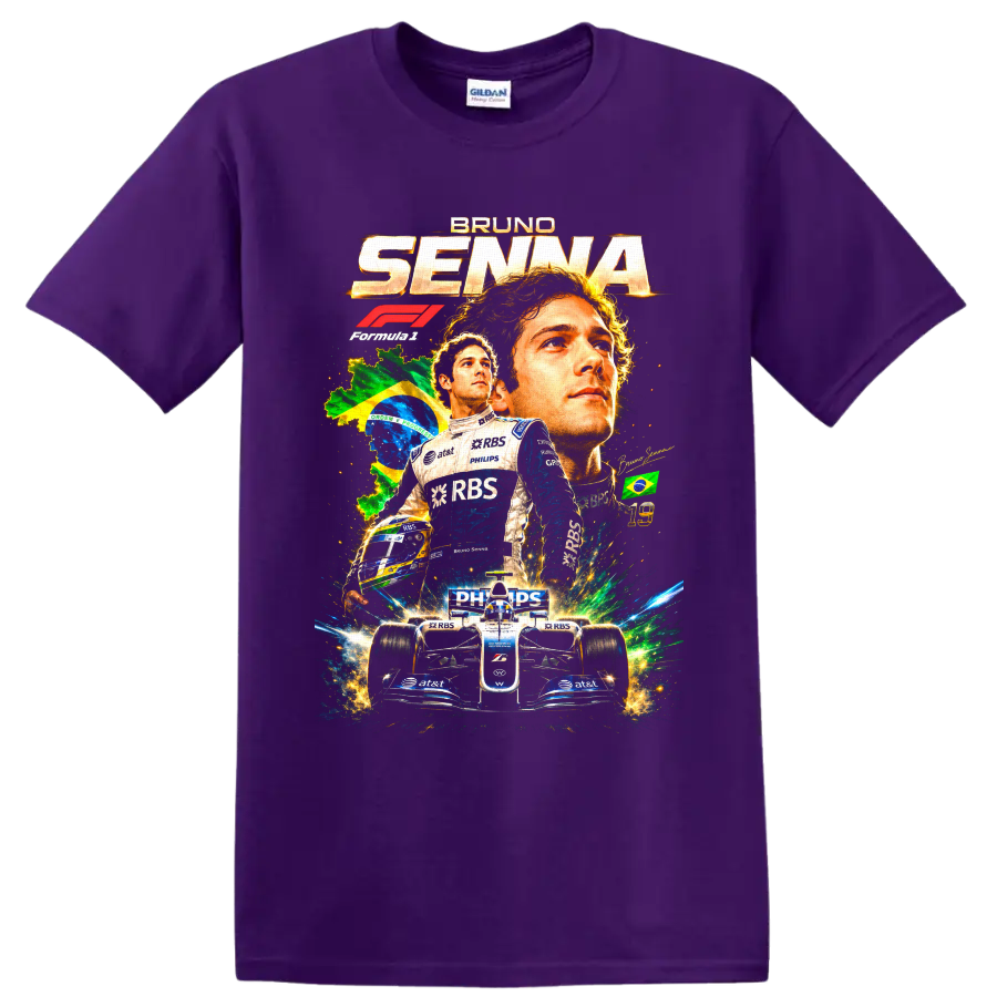 Bruno Senna Williams Formula 1 collage with Brazil flag, helmet, and race car on a Purple T Shirt