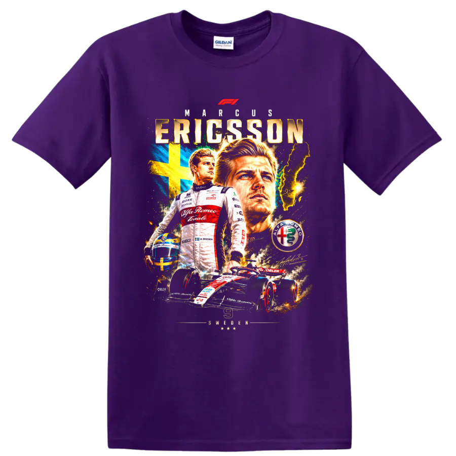 Marcus Ericsson racing poster graphic with Swedish flag, helmet, Formula 1 car, and on a Purple T Shirt