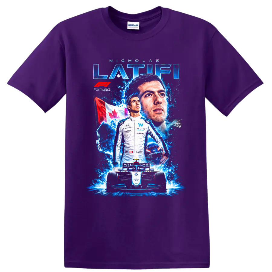 Nicholas Latifi Williams Racing Formula 1 collage with Canadian flag and number 6 car on a Purple T Shirt