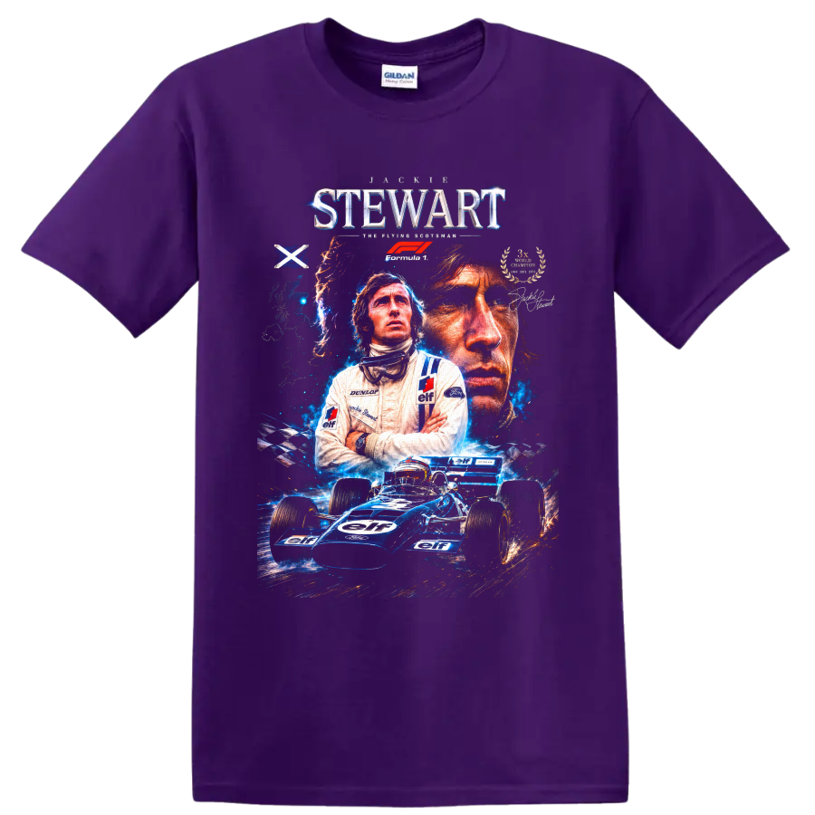 Jackie Stewart Formula 1 portrait collage with blue Tyrrell race car and racing text on a Purple T Shirt