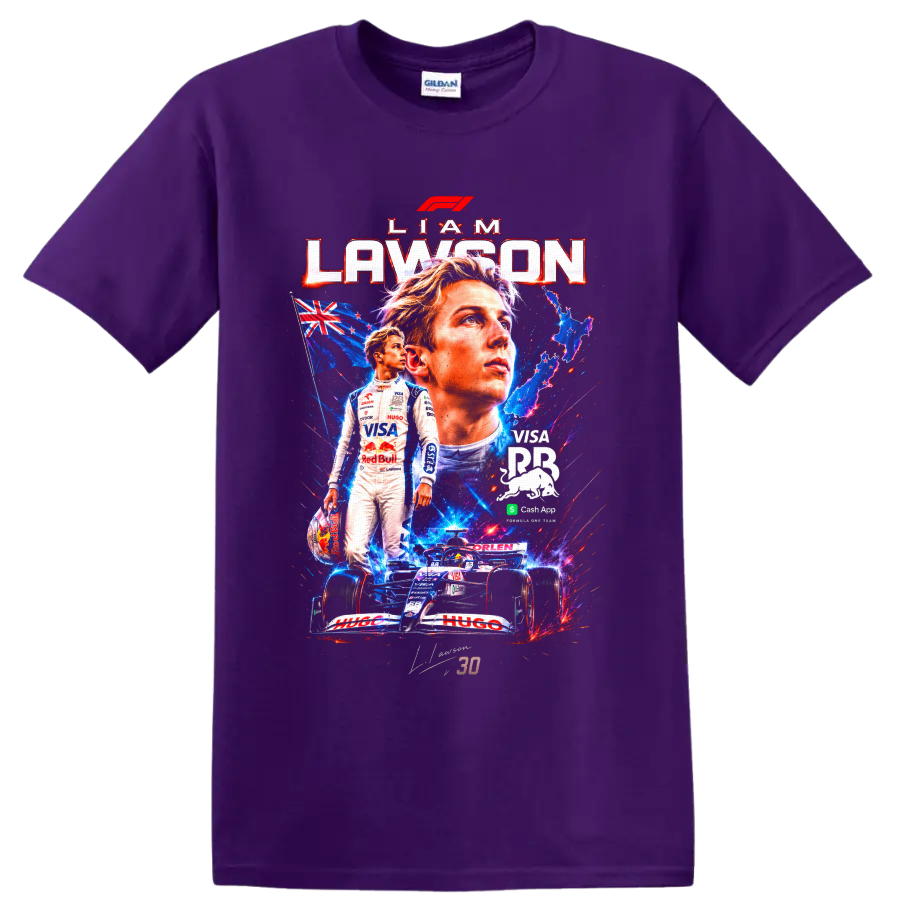 Liam Lawson Formula 1 portrait collage with number 30 car and New Zealand flag on a Purple T Shirt