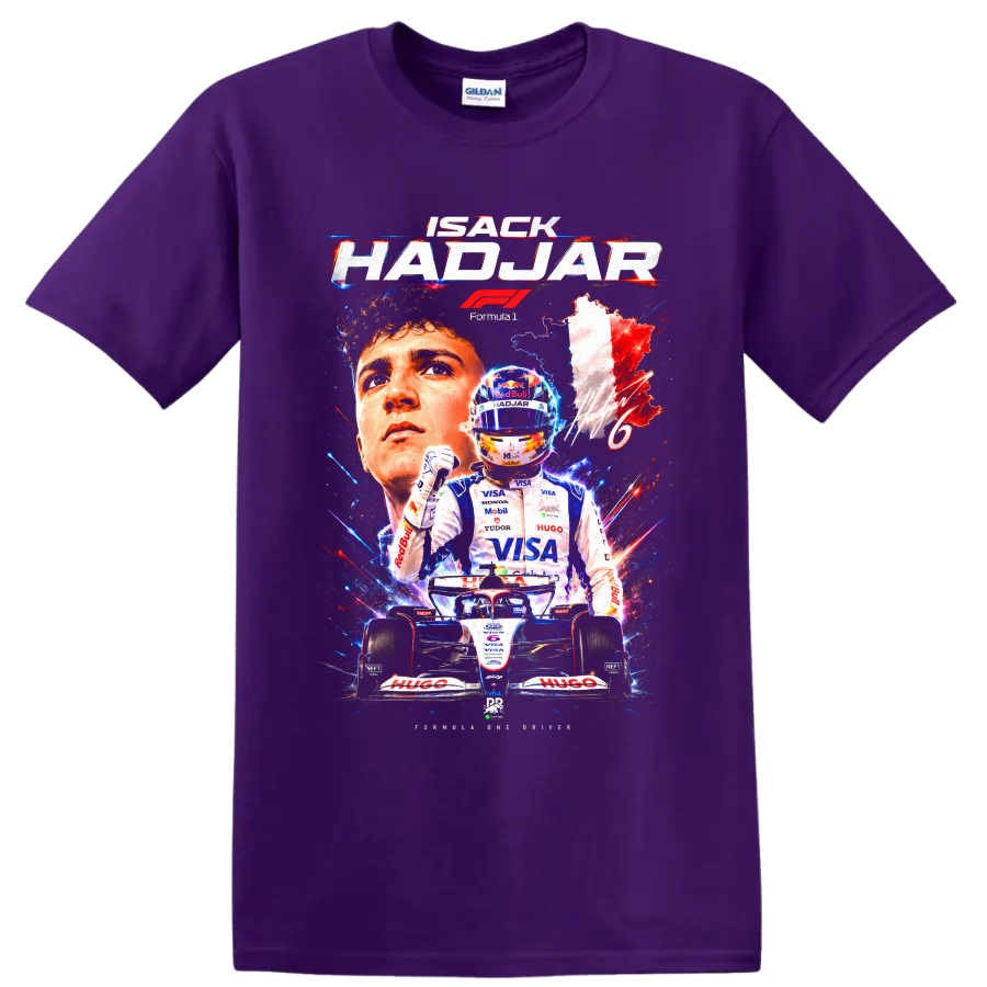 Isack Hadjar Racing Bulls Formula 1 graphic with portrait, helmet, and number 6 car on a Purple T Shirt