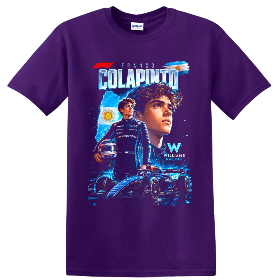 Franco Colapinto Williams Racing Formula 1 portrait, race car, and Argentina flag collage on a Purple T Shirt
