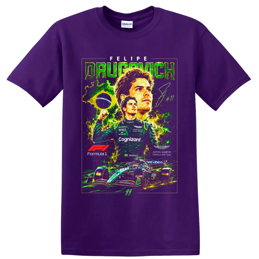 Felipe Drugovich Aston Martin Formula 1 collage with Brazilian flag and race car on a Purple T Shirt
