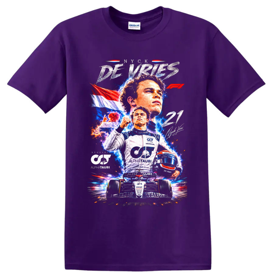 Nyck de Vries AlphaTauri racing collage with Dutch flag, helmet, and number 21 car on a Purple T Shirt