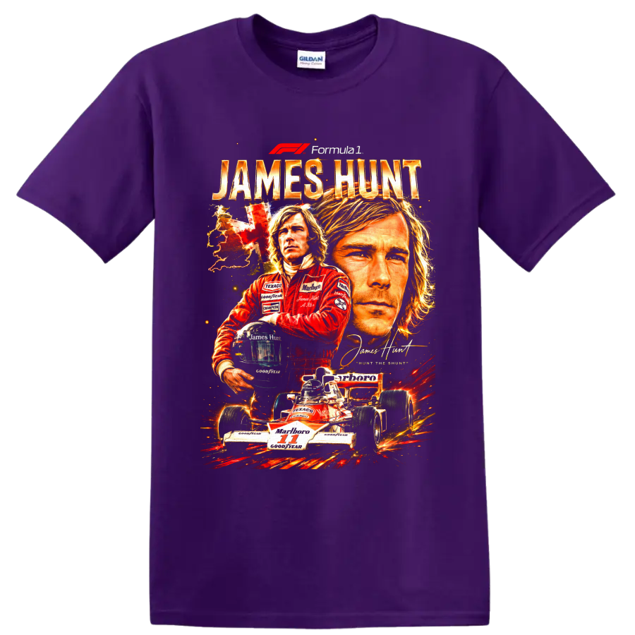 James Hunt Formula 1 portrait collage with McLaren number 11 race car and helmet on a Purple T Shirt