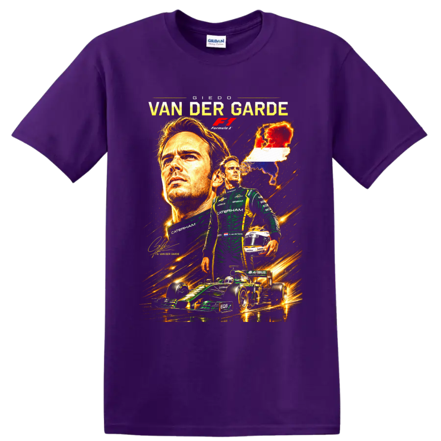 Giedo van der Garde Caterham Formula 1 portrait with race car and Netherlands map on a Purple T Shirt