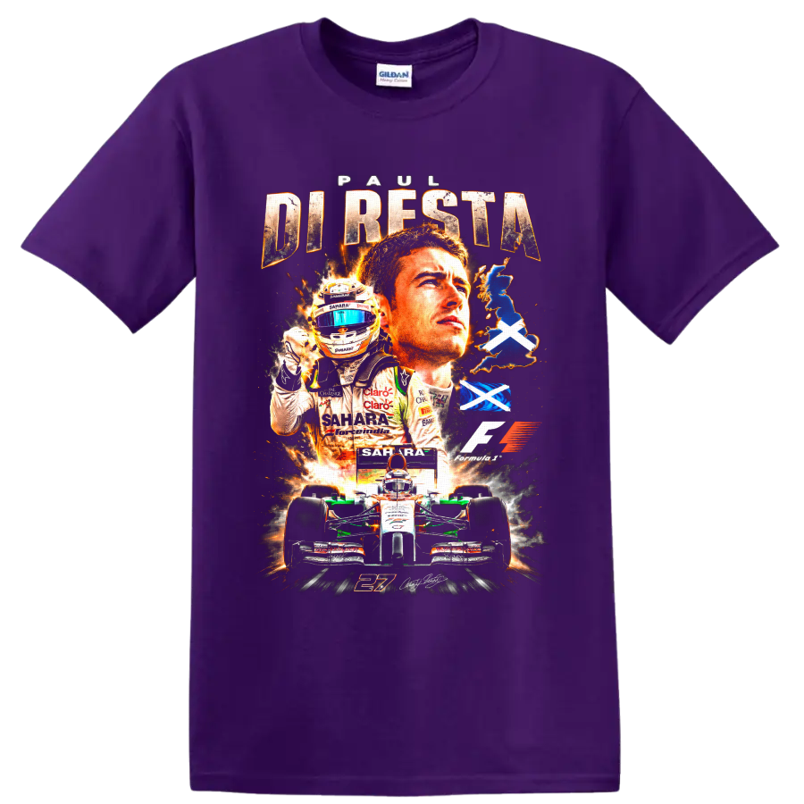 Paul di Resta Force India Formula 1 racing collage with number 21 car and Saltire flags on a Purple T Shirt