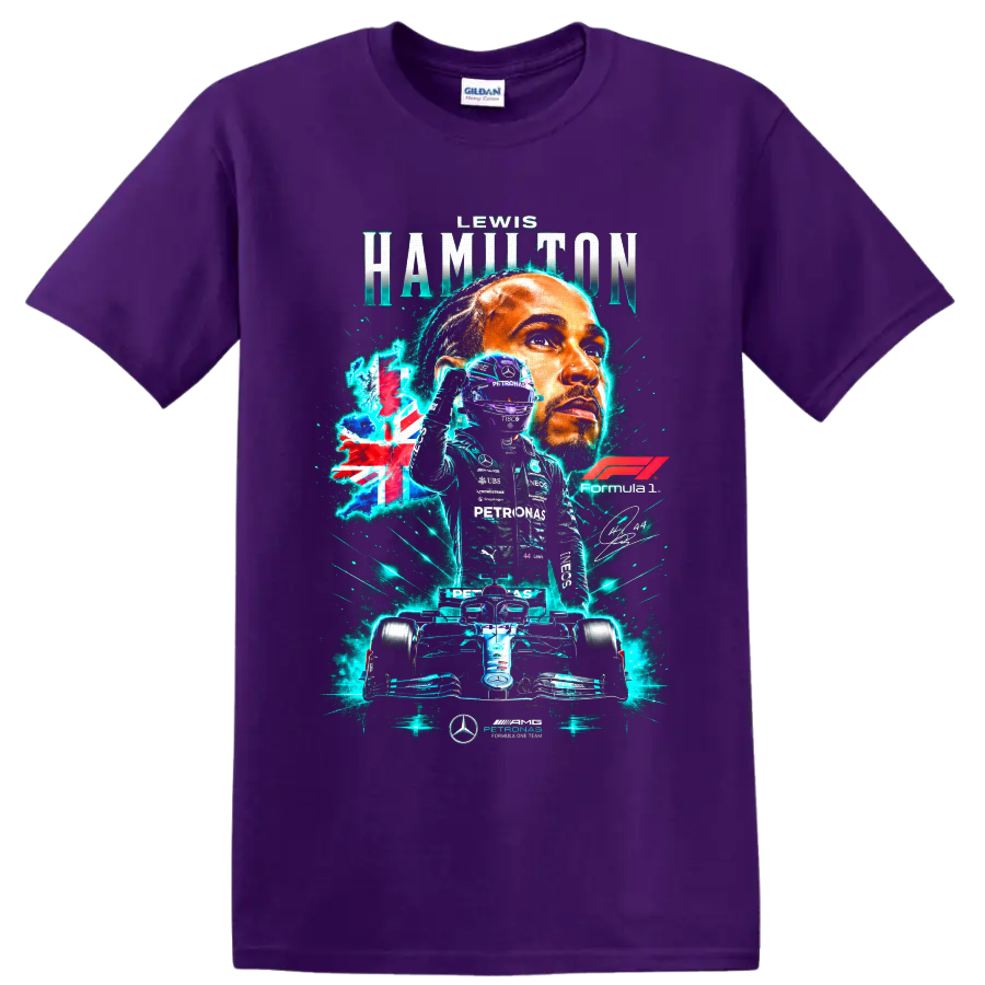 Lewis Hamilton Mercedes Formula 1 portrait, number 44 driver, and race car graphic on a Purple T Shirt
