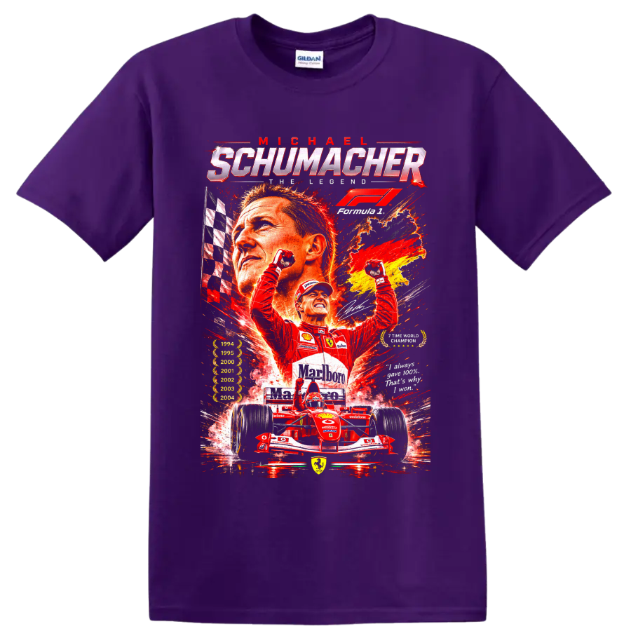 Michael Schumacher Ferrari Formula 1 racing collage with champion years and victory pose on a Purple T Shirt