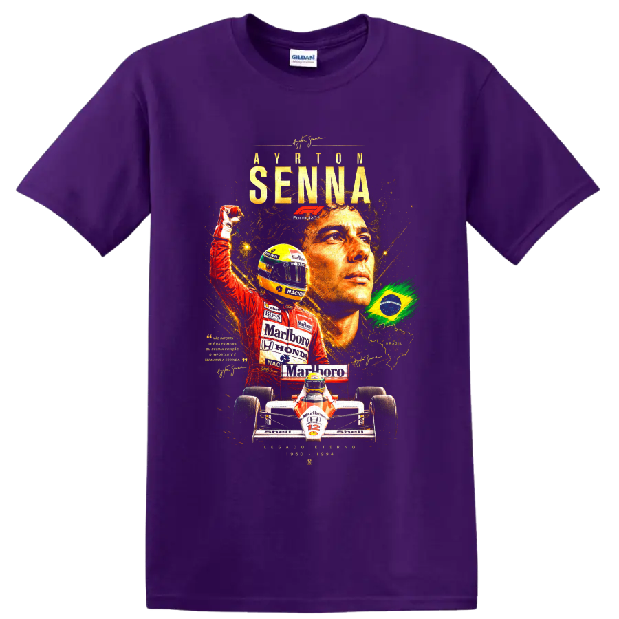 Ayrton Senna Formula 1 tribute collage with Brazilian flag, helmet, and race car on a Purple T Shirt