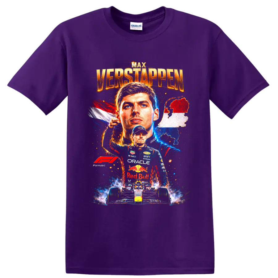 Max Verstappen Red Bull Racing Formula 1 portrait with Dutch flag, map, and race car on a Purple T Shirt