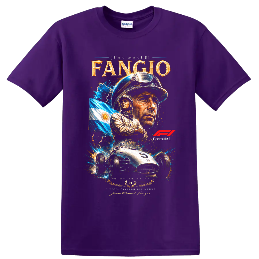 Juan Manuel Fangio portrait with Argentine flag, vintage race car, and Formula 1 graphic on a Purple T Shirt