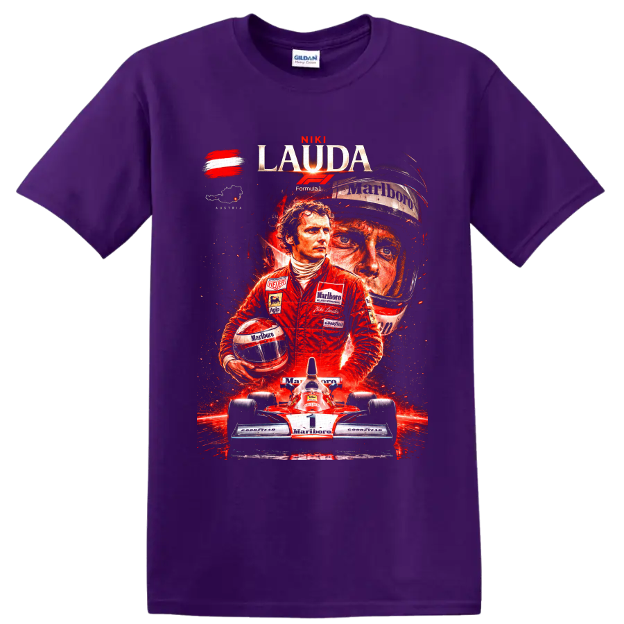 Niki Lauda dramatic Formula 1 collage with helmet, Austrian flag, and number 1 race car on a Purple T Shirt