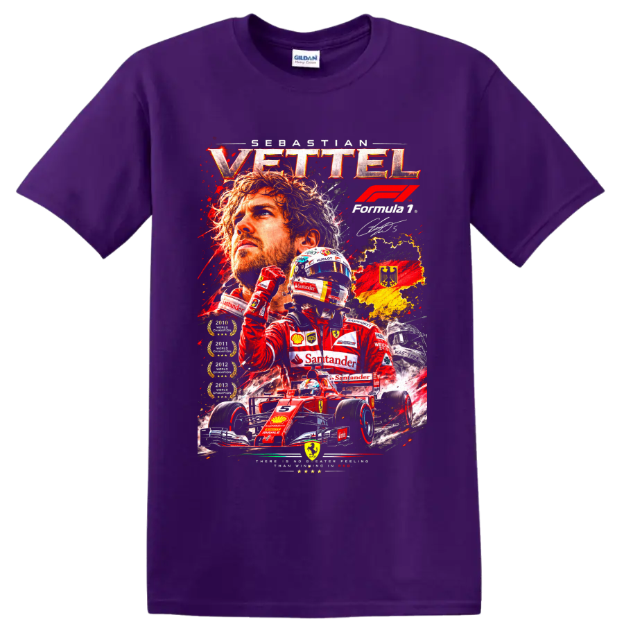 Sebastian Vettel Ferrari Formula 1 racing collage with red car, helmet, and German flag on a Purple T Shirt