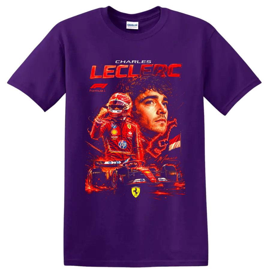 Charles Leclerc Ferrari Formula 1 portrait, helmeted driver, and race car collage on a Purple T Shirt
