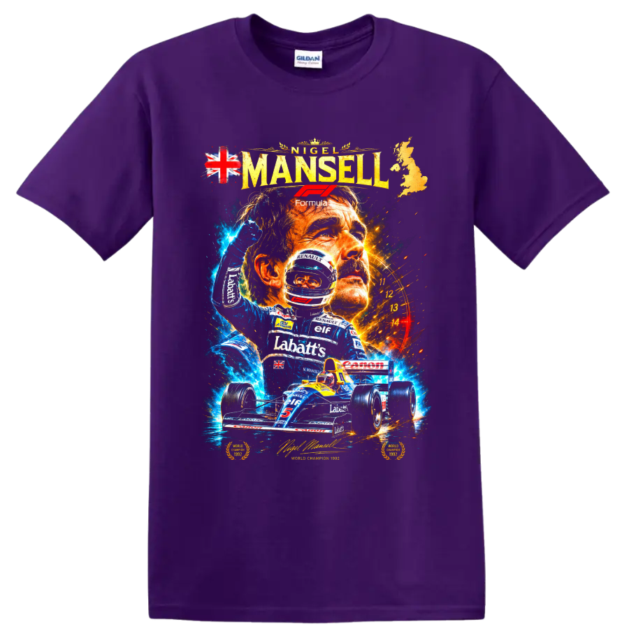 Nigel Mansell 1992 Williams Renault Formula 1 racing collage with championship car on a Purple T Shirt