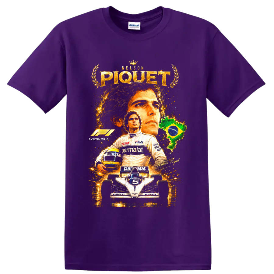 Nelson Piquet Brabham Formula 1 portrait, helmet, race car, and Brazil graphic on a Purple T Shirt